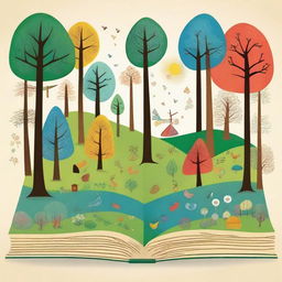 Create an image in the style of children's drawings depicting the center of the 'Four Seasons Forest' in a distant land