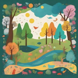 Create an image in the style of children's drawings depicting the center of the 'Four Seasons Forest' in a distant land