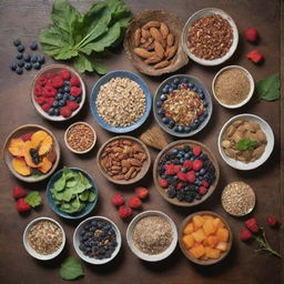 An assortment of superfoods stylishly laid out amidst a backdrop of rustic textures. There are berries, nuts, seeds, leafy greens, and colorful fruits all bursting with health and vitality.