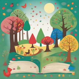 Create an image in the style of children's drawings depicting the center of the 'Four Seasons Forest' in a distant land