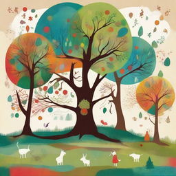 Create an image in the style of children's drawings depicting a mysterious forest called 'Four Seasons Forest' in a distant land