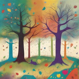 Create an image in the style of children's drawings depicting a mysterious forest called 'Four Seasons Forest' in a distant land