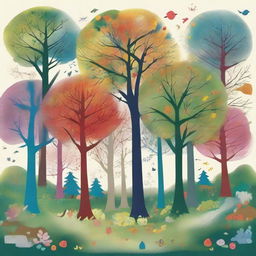 Create an image in the style of children's drawings depicting a mysterious forest called 'Four Seasons Forest' in a distant land