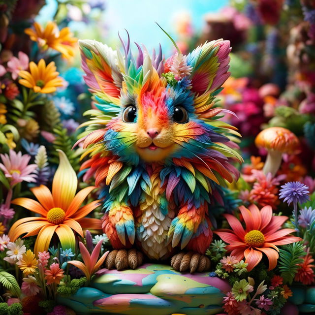 Create an image of a cute, made-up rainbow animal adorned with various flowers, set in a lush, colorful garden