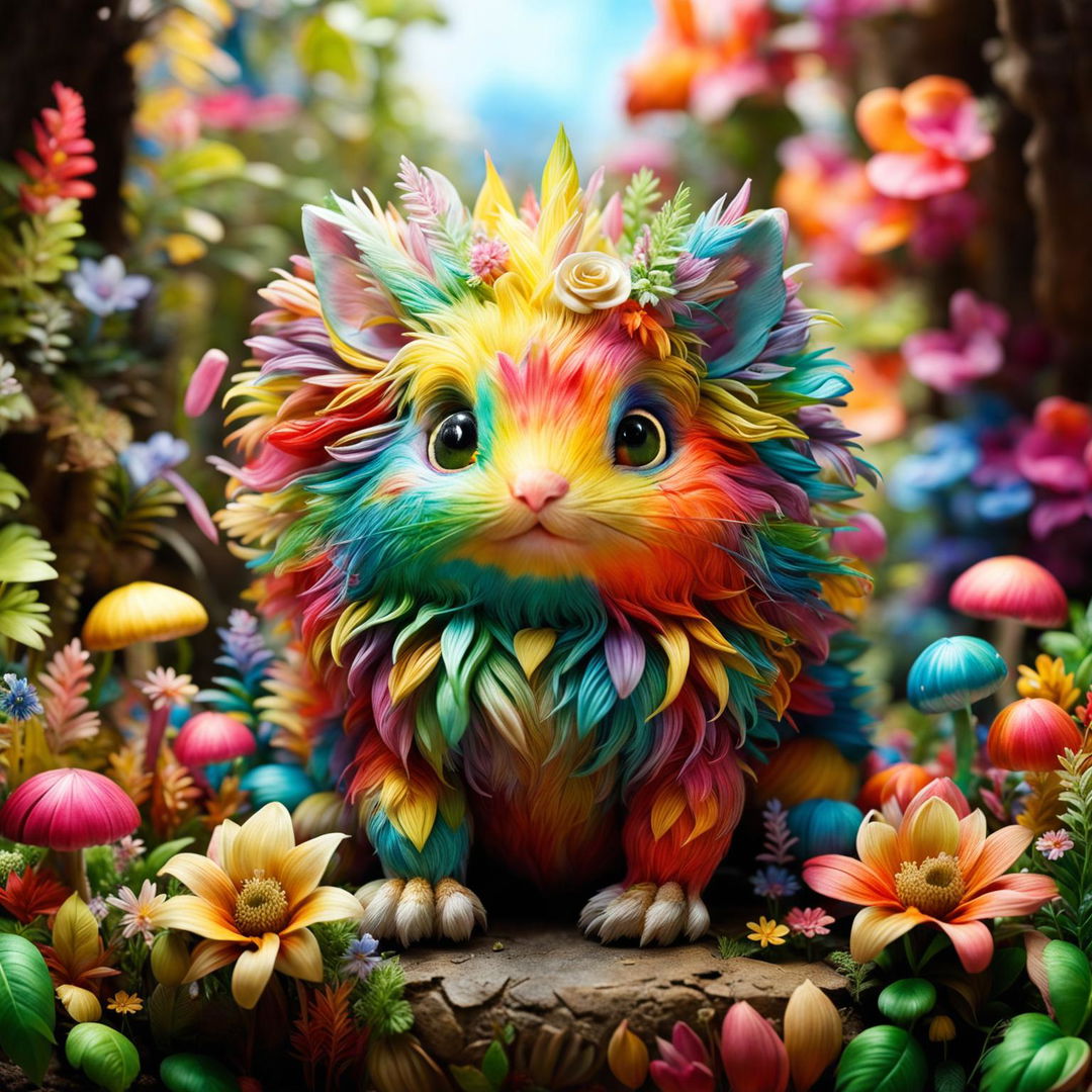 Create an image of a cute, made-up rainbow animal adorned with various flowers, set in a lush, colorful garden