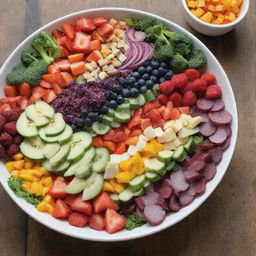 A vibrant, beautiful rainbow salad with an array of colorful, fresh vegetables and fruits, each color corresponding to a different portion of the spectrum, served in a white bowl on a rustic wooden table.