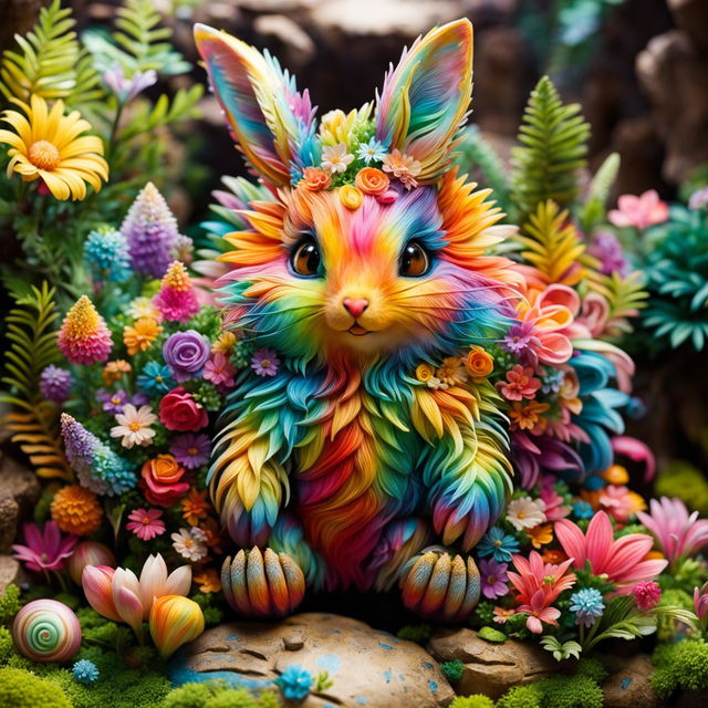 Create an image of a cute, made-up rainbow animal adorned with various flowers, set in a lush, colorful garden