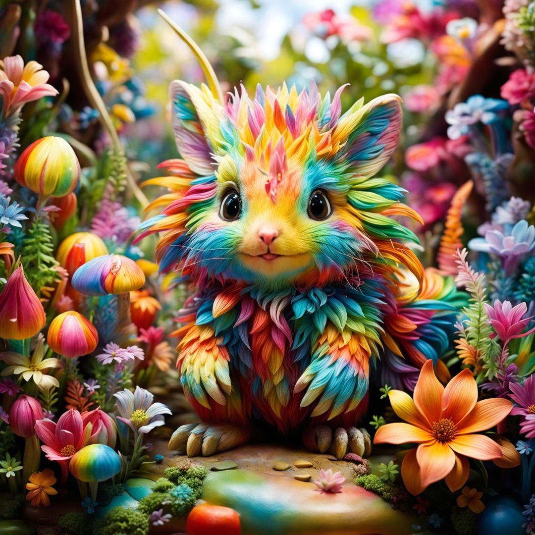 Create an image of a cute, rainbow-colored made-up animal adorned with flowers, set in a lush, colorful garden