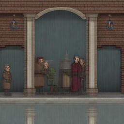 An image showing a scene from 'Lazarillo de Tormes' where the blind man crashes into a pillar, but this time it is raining