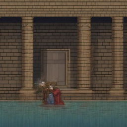 An image showing a scene from 'Lazarillo de Tormes' where the blind man crashes into a pillar, but this time it is raining