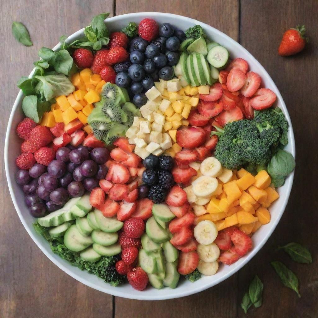 A vibrant, beautiful rainbow salad with an array of colorful, fresh vegetables and fruits, each color corresponding to a different portion of the spectrum, served in a white bowl on a rustic wooden table.