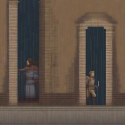 An image showing a scene from 'Lazarillo de Tormes' where the blind man crashes into a pillar, but this time it is raining