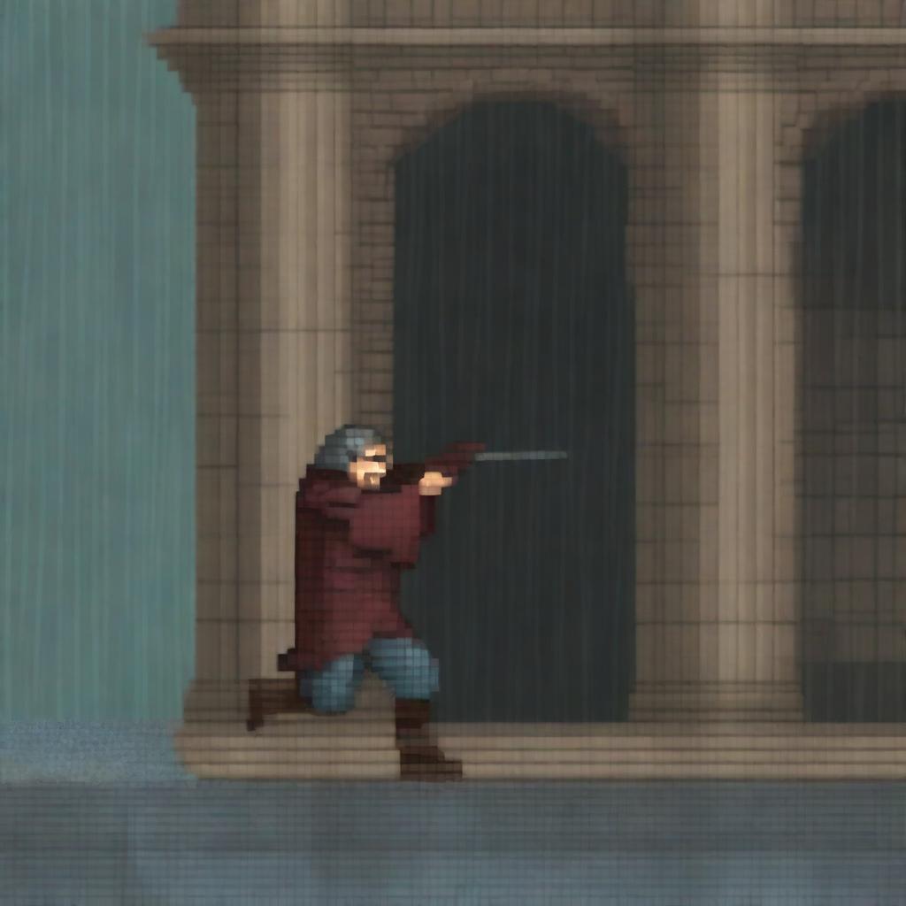 An image depicting the blind man from 'Lazarillo de Tormes' crashing into a pillar in the rain