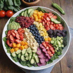 A vibrant, beautiful rainbow salad with an array of colorful, fresh vegetables and fruits, each color corresponding to a different portion of the spectrum, served in a white bowl on a rustic wooden table.