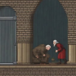 An image depicting the old blind man from 'Lazarillo de Tormes' crashing into a pillar while Lazaro guides him in the rain