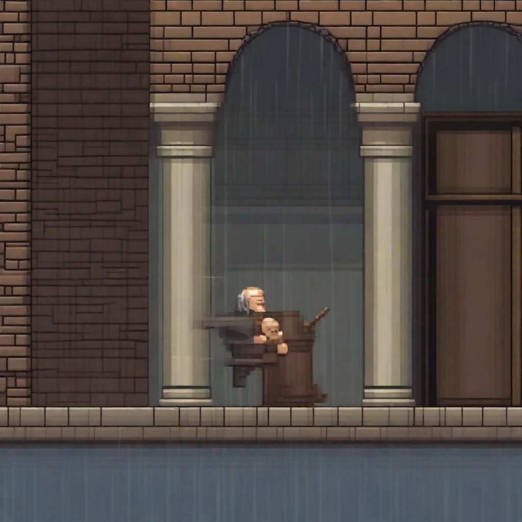 An image depicting the old blind man from 'Lazarillo de Tormes' crashing into a pillar while Lazaro guides him in the rain