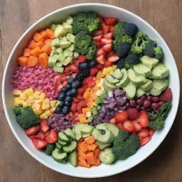 A vibrant, beautiful rainbow salad with an array of colorful, fresh vegetables and fruits, each color corresponding to a different portion of the spectrum, served in a white bowl on a rustic wooden table.