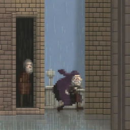 An image depicting the old blind man from 'Lazarillo de Tormes' crashing into a pillar while Lazaro guides him in the rain