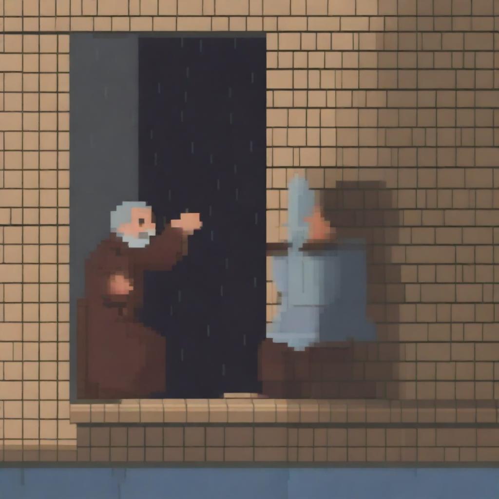 Create a simple and not very detailed image of the old blind man from 'Lazarillo de Tormes' crashing into a pillar while Lazaro guides him in the rain