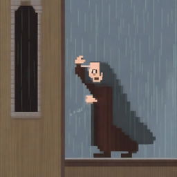 Create a simple and not very detailed image of the old blind man from 'Lazarillo de Tormes' crashing into a pillar while Lazaro guides him in the rain