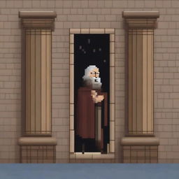 Create a simple and not very detailed image of the old blind man from 'Lazarillo de Tormes' crashing into a pillar while Lazaro guides him in the rain