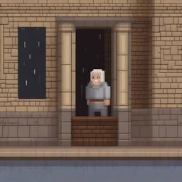 Create a simple and not very detailed image of the old blind man from 'Lazarillo de Tormes' crashing into a pillar while Lazaro guides him in the rain