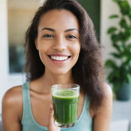 A healthy, radiant woman with glowing skin, sipping on a glass of fresh, vibrant green juice. Her contented smile signals her fulfillment from this nourishing lifestyle choice.