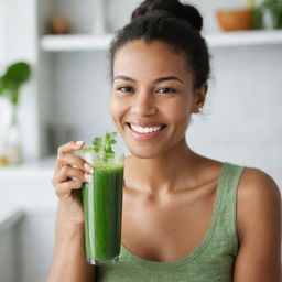 A healthy, radiant woman with glowing skin, sipping on a glass of fresh, vibrant green juice. Her contented smile signals her fulfillment from this nourishing lifestyle choice.