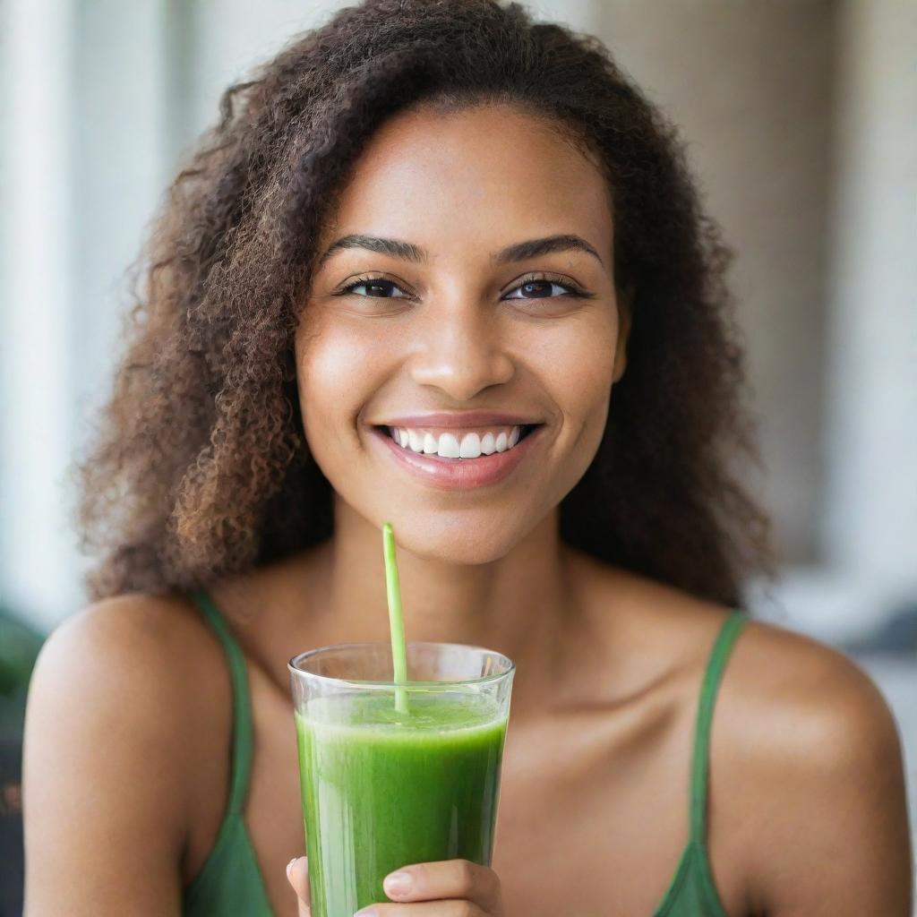 A healthy, radiant woman with glowing skin, sipping on a glass of fresh, vibrant green juice. Her contented smile signals her fulfillment from this nourishing lifestyle choice.