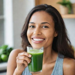 A healthy, radiant woman with glowing skin, sipping on a glass of fresh, vibrant green juice. Her contented smile signals her fulfillment from this nourishing lifestyle choice.