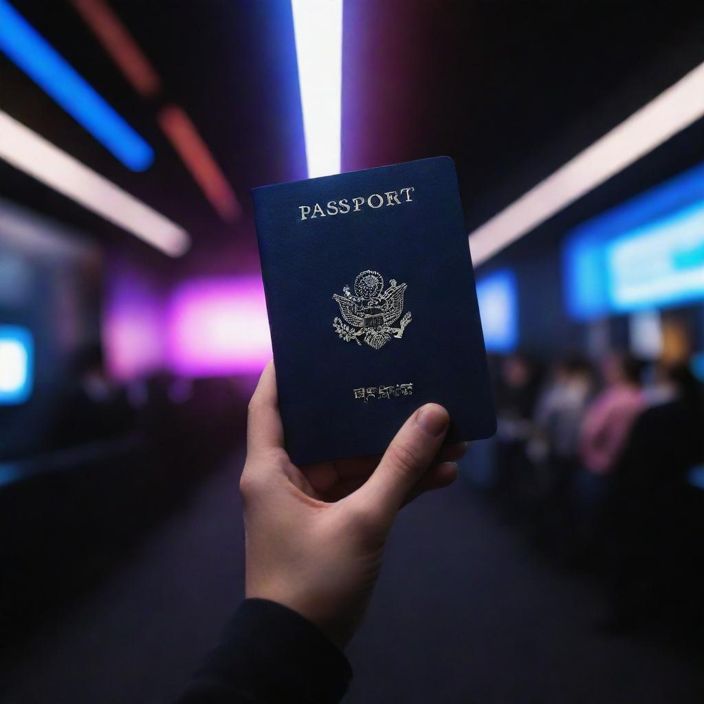 A dreamy, vivid space with an exaggerated lighting effect. In this dark, graphics-filled scenario, a hand holds a passport. The aspect ratio should be 16:9.