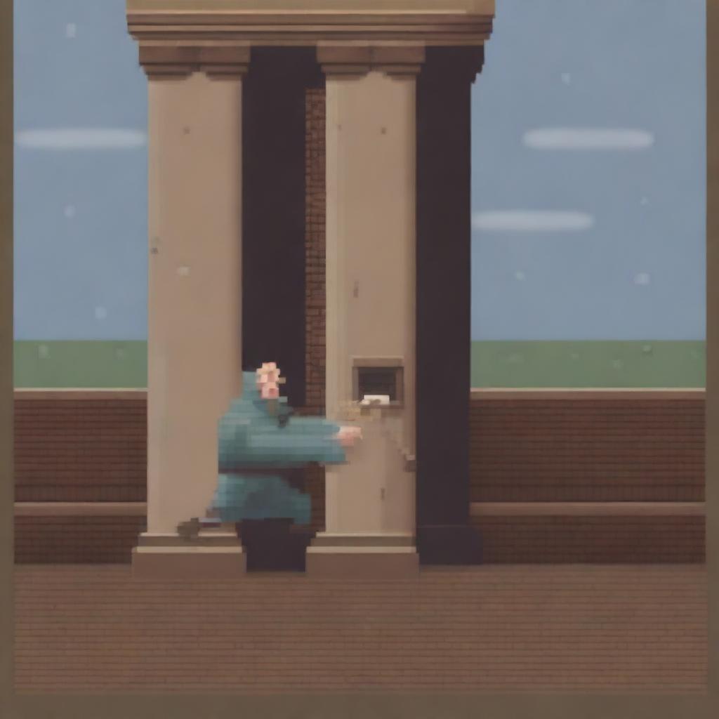 Create a simple and not very detailed image of the old blind man from 'Lazarillo de Tormes' crashing into a pillar while Lazaro guides him in the rain