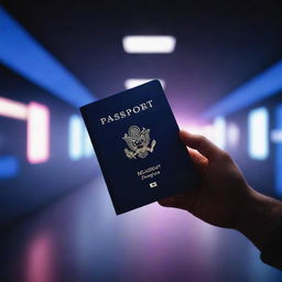 A dreamy, vivid space with an exaggerated lighting effect. In this dark, graphics-filled scenario, a hand holds a passport. The aspect ratio should be 16:9.