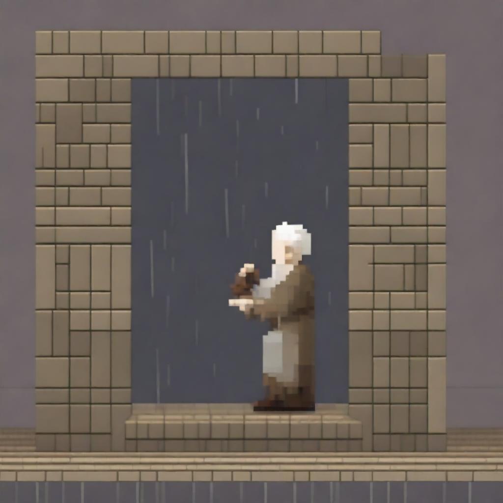 Create a simple and not very detailed image of the old blind man from 'Lazarillo de Tormes' crashing into a pillar while Lazaro guides him in the rain