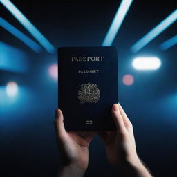 A dreamy, vivid space with an exaggerated lighting effect. In this dark, graphics-filled scenario, a hand holds a passport. The aspect ratio should be 16:9.