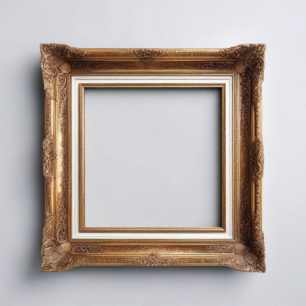 Create an image of an elegant painting frame with intricate designs, showcasing a blank white canvas inside