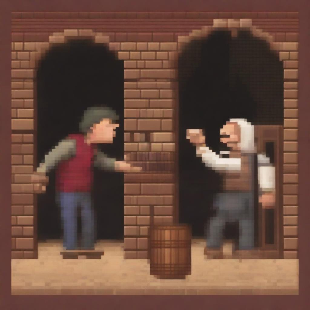 Create a pixel art scene from the book 'Lazarillo de Tormes' where the blind man smashes the wine jar in Lazarillo's face