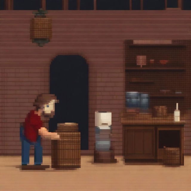 Create a pixel art scene from the book 'Lazarillo de Tormes' where the blind man smashes the wine jar in Lazarillo's face