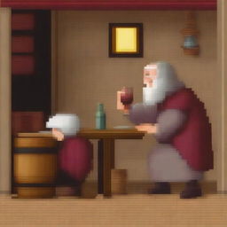 Create a pixel art scene from the book 'Lazarillo de Tormes' where the blind man smashes the wine jar in Lazarillo's face