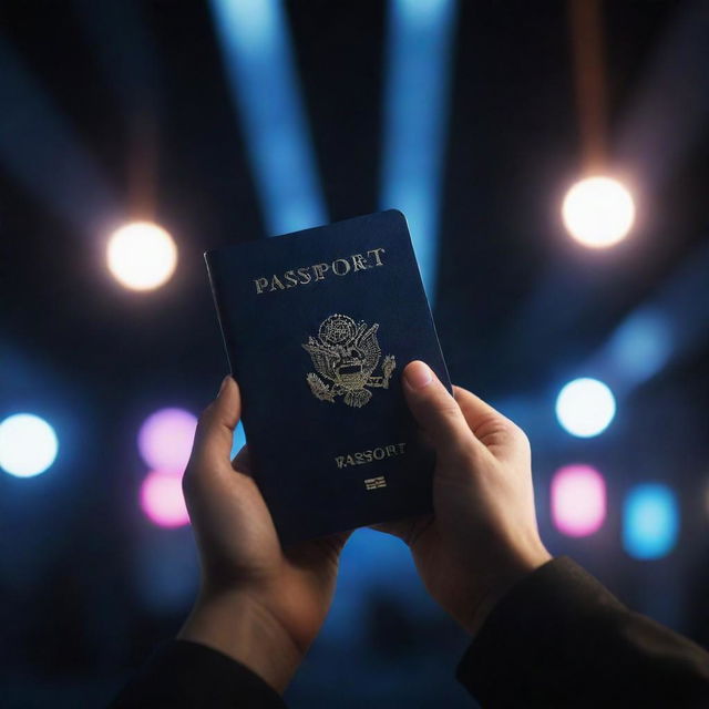 A dreamy, vivid space with an exaggerated lighting effect. In this dark, graphics-filled scenario, a hand holds a passport. The aspect ratio should be 16:9.