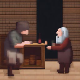 Create a pixel art scene from the book 'Lazarillo de Tormes' where the blind man smashes the wine jar in Lazarillo's face, causing it to break