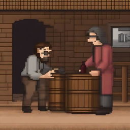 Create a pixel art scene from the book 'Lazarillo de Tormes' where the blind man smashes the wine jar in Lazarillo's face, causing it to break