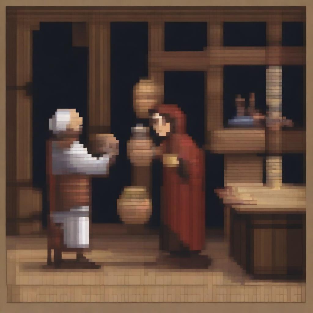 Create a pixel art scene from the book 'Lazarillo de Tormes' where the blind man smashes the wine jar in Lazarillo's face, causing it to break