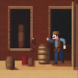 Create a pixel art scene from the book 'Lazarillo de Tormes' where the blind man smashes the wine jar in Lazarillo's face, causing it to break