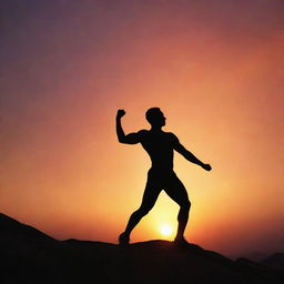 A dynamic and powerful image symbolizing human power and energy. An athlete in peak physical condition stands silhouetted against a sunrise, the vibrant hues reflecting the energy within.