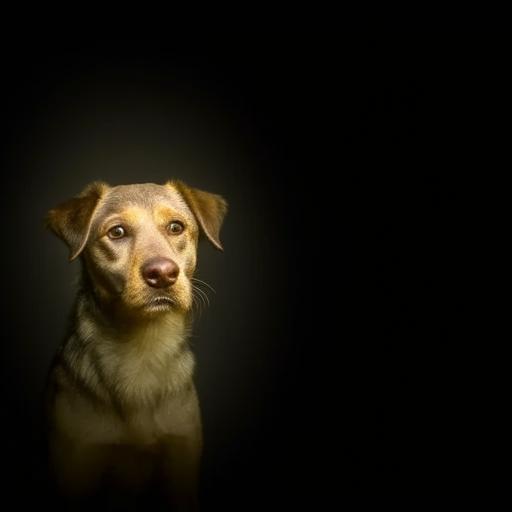 A dog portrayed in a well-lit centre with a vignette effect gradually darkening towards the corners.