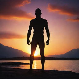 A dynamic and powerful image symbolizing human power and energy. An athlete in peak physical condition stands silhouetted against a sunrise, the vibrant hues reflecting the energy within.