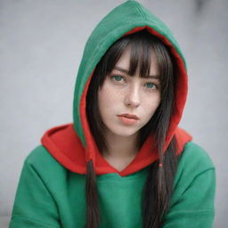 casual photograpy medium body,with red hip hop stamp hoodie, female , 23 year old with green eyes and black long hai with withe streaks in the bangs .,freckles, selfo, relax time, medium distance shot, 4k hd,  --styerw--v 5.2 ar 2-3