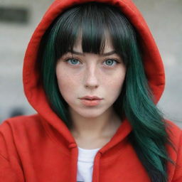 casual photograpy medium body,with red hip hop stamp hoodie, female , 23 year old with green eyes and black long hai with withe streaks in the bangs .,freckles, selfo, relax time, medium distance shot, 4k hd,  --styerw--v 5.2 ar 2-3