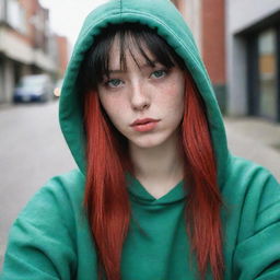 casual photograpy medium body,with red hip hop stamp hoodie, female , 23 year old with green eyes and black long hai with withe streaks in the bangs .,freckles, selfo, relax time, medium distance shot, 4k hd,  --styerw--v 5.2 ar 2-3